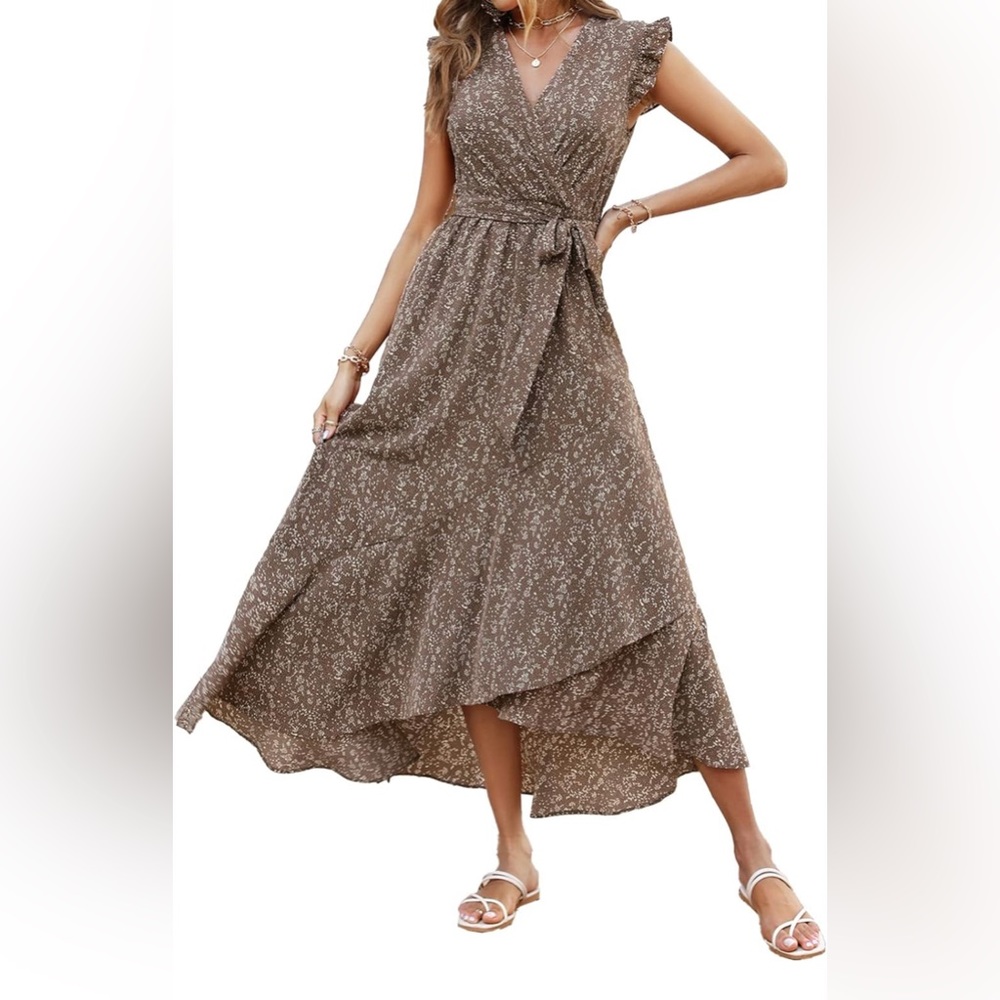 BTFBM Ruffle Cap Sleeve V Neck Belt Wrap Split Floral Long Maxi Dress